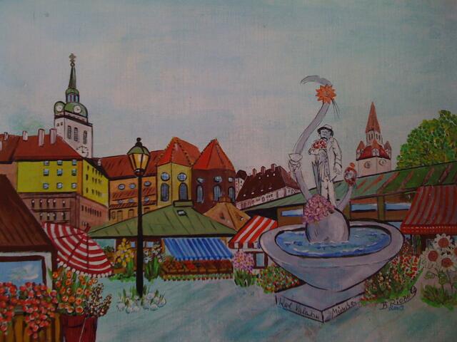 Acryl - Viktualienmarkt mit Karl Valentins-Brunnen - von Brigitte Obermaier