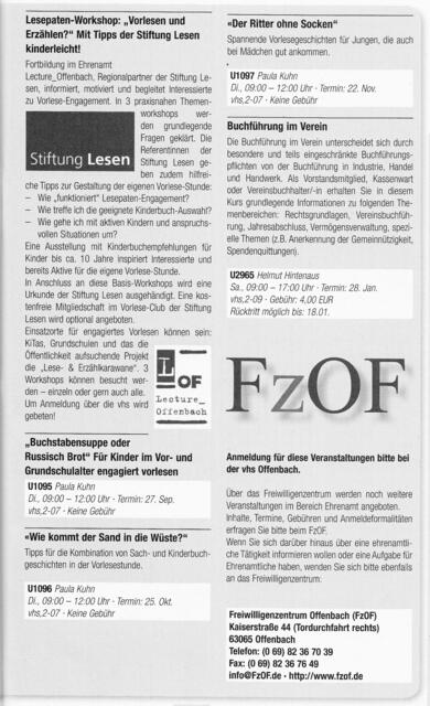 Stiftung Lesen beurkundete Seminare zu Vorlese-Engagement. Start am 27. September 2011 um 9 Uhr mit Paula Kuhn, Referentin der Stiftung Lesen, in der vhs Offenbach. "Buchstabensuppe oder Russisch Brot" lautet der erste Themen-Workshop. Das Motto der Veranstaltungsreihe mit Lecture_Offenbach gilt bei allen Terminen: "Vorlesen und Erzählen? Mit Tipps der Stiftung Lesen kinderleicht!" | Foto: Programmheft der vhs Offenbach