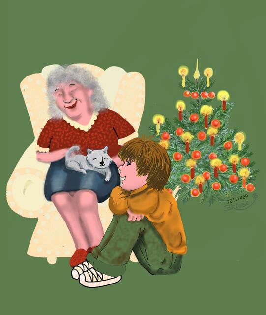 20117469 - Oma mit Junge und Kater Mikesch am Weihnachtsbaum - Der letzte Weihnachtsbaum - 
Eine besondere Weihnachtsgeschichte - 4. Teil > Die alte Frau und die Weihnachtskrippe