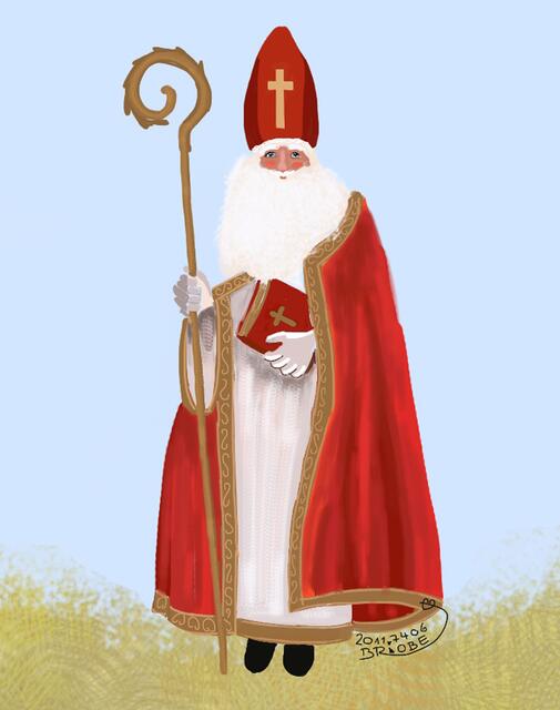 Das 6. Fenster zeigt uns den Nikolaus.
Voll Zuversicht kommt er in unser Haus. -