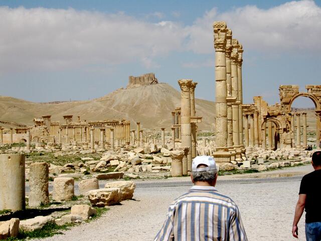 Palmyra ist sicher eine der prächtigsten Ruinenstätten der Welt. Im Hintergrund die Zitadelle.