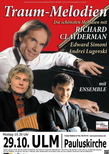 Kommen nach Ulm, Richard Clayderman, Edward Simoni, Andrei Lugovski. Der Vorverkauf startet am Samstag | Foto: Bild: Agentur