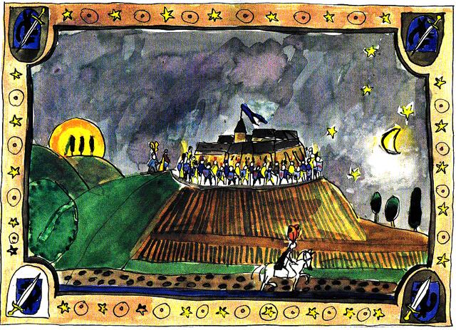 Die Geschichte von der lebenden Mauer - Ferienprogramm in der Kinderkemenate des Schlosses Neuenburg. Abbildung: Zeichnung von Grit Piolka aus einem Kinderbuch über die Sagen von der Neuenburg (erhältlich im Museumsladen).