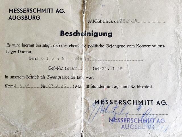 Zwangsarbeit bei Messerschmitt vom 4.3. bis 27.4.1945.