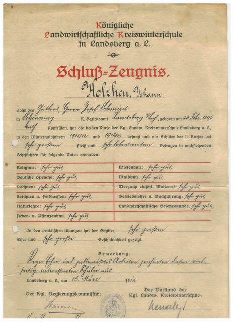 Zeugnis von Johann Holzheu 1913