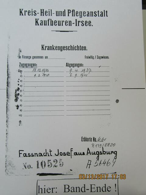 Fassnacht Josef Deckblatt Krankengeschichte