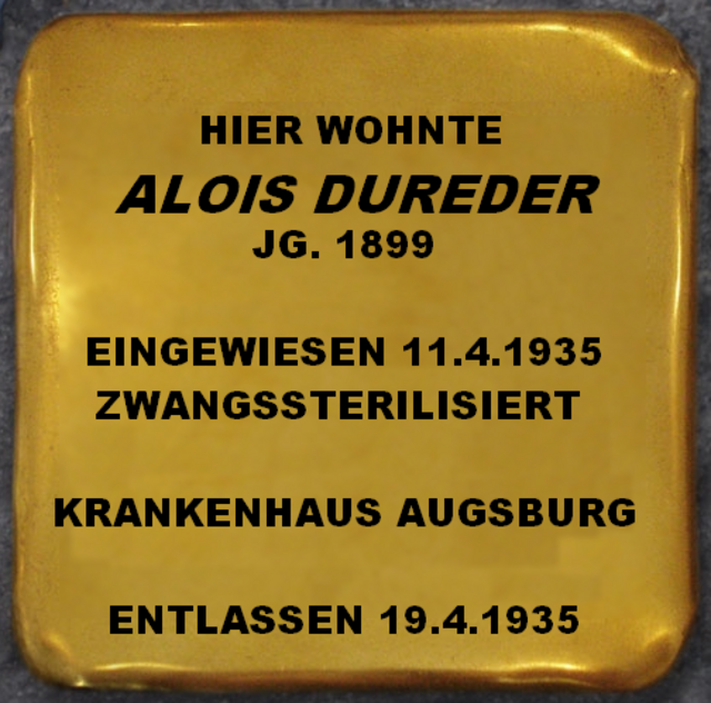 Stolperstein für Alois Dureder, der am 14.7.20 in Gersthofen, Ludwig Hermann Straße 55 verlegt wird