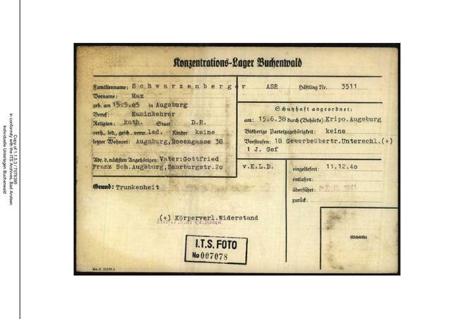 KZ Buchenwald Meldung zu Max Schwarzenberger | Foto: ITS Bad Arolsen