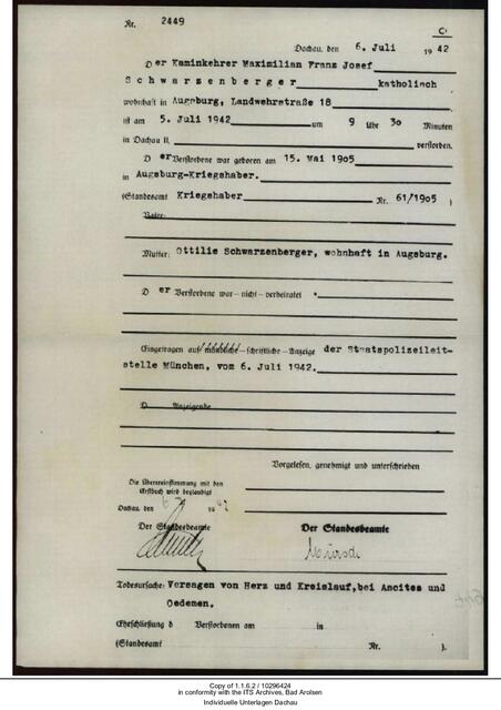 Todesmeldung Max Schwarzenberger | Foto: ITS Bad Arolsen