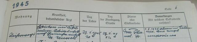 Auszug aus dem Sterbebuch von St. Jakobus