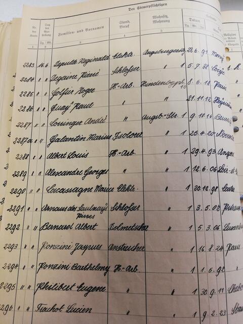 Liste von französischen Zwangsarbeitern mit Lohnsteuerkarte aus dem Stadtarchiv Gersthofen