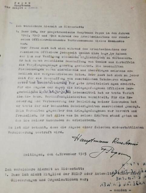 Eidesstattliche Erklärung des Hauptmanns der sowjetischen Armee Iwan Popow