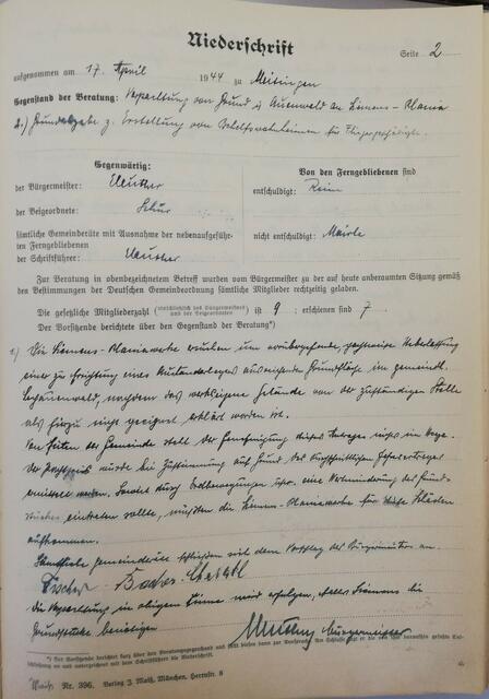 Gemeinderatsprotokoll vom 17.4.1944. Die Gemeinde stimmt der Verpachtung von Grund an die SIPLA im Lechauenwald zur Erstellung eines weiteren Barackenlages zu.