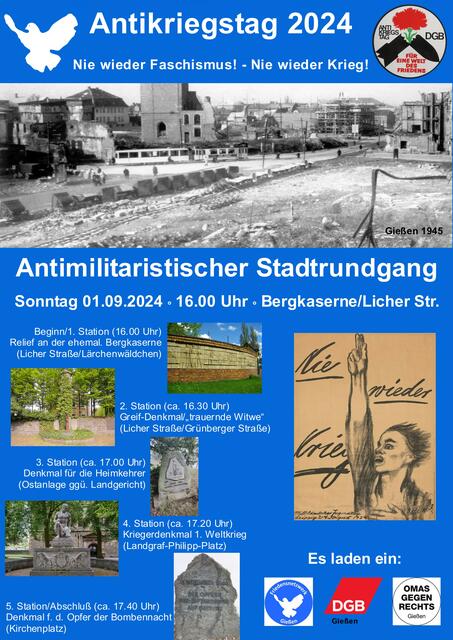 Plakat zum Antimilitaristischen Stadtrundgang am Antikriegstag 2024