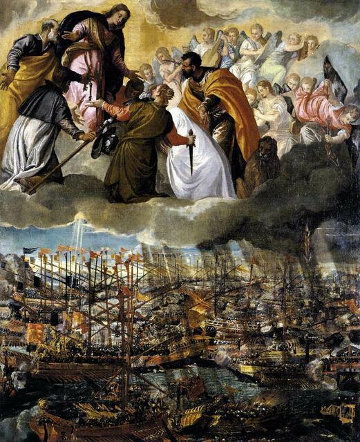 Paolo Veronese: Die Schlacht von Lepanto. Im Himmel bitten Petrus, Rochus, Justinus und Markus Maria um Hilfe zum Sieg, während rechts ein Engel brennende Pfeile auf die Flotte Türken wirft. Altarbild, um 1572, Gallerie dell'Accademia in Venedig | Foto: © Bild: www.marienshilfe.de CC 