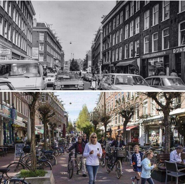1978 / 2005: 27 Jahre Stadtverwandlung. Ort: 1e van der Helstraat, Amsterdam. Quelle: Urban Cycling Institute. https://www.facebook.com/825106677500069/posts/3073313946012653