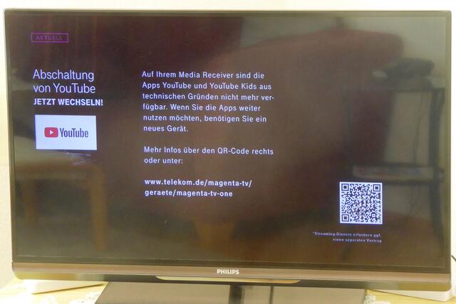 Zur Abschaltung von YouTube informierte die Telekom Ihre Magenta-Kunden nicht (https://www.myheimat.de/battenberg-eder/c-ratgeber/google-laesst-telekom-kunden-haengen_a3497260). Erst jetzt kommt eine entsprechende Information beim Aufruf der YouTube-Kachel.