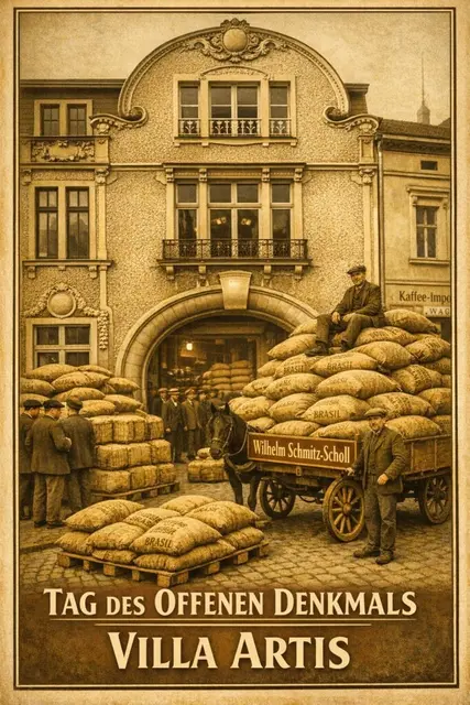 Plakat zum Denkmaltag in der Ruhrtalstadt Mülheim
Die Villa Artis - das um 1800 erbaute Haus, später überformt diente zunächst als Kontorhaus, Wohnhaus und Kolonialwarenlager. 
1867 wurde hier der heutige Tengelmann-Weltkonzern gegründet.
2012 zog hier der Mülheimer Kunstverein KKRR ein und füllt das Anwesen mit über 1.300 QM mit neuem Leben in der Ruhrstraße 3 | Foto: Designer Andreas Ingramm, AIRL-Lab