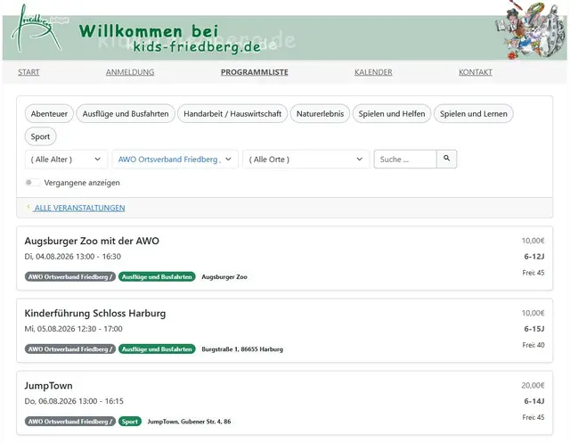 🕛 Liebe Kinder nicht vergessen und schon jetzt informieren, ab 25.05.2026 kann gebucht werden.
https://www.unser-ferienprogramm.de/friedberg/programm.php?s=
