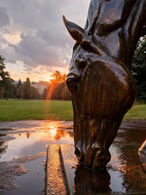 ESSEN/NRW..... Seine Pferde löschen im Sonnenuntergang ihren Durst nach einem heißen Tag in den Pfützen eines Platzregens. SKULPTUR/PFERDEFIGUR FOTOGRAFIE Gelände VILLA HÜGEL Bearbeitung und Veredelung C.D.R.