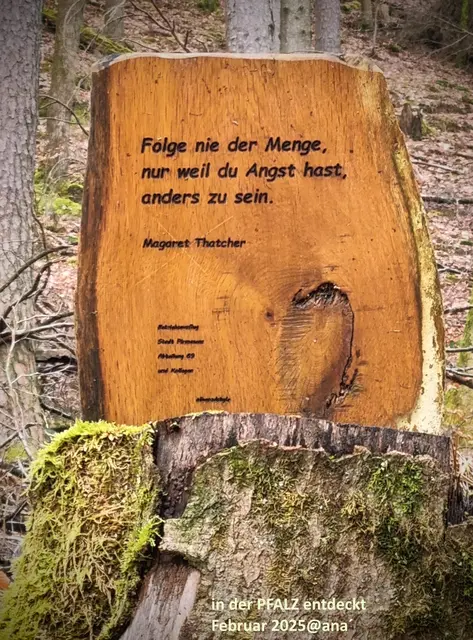 ...anders Sein?!?

Margaret Thatcher
(einstige britische Premierministerin, bereits 2013 verstorben)
hatte seinerzeit "so Einiges"  auch Umstrittene gesagt und getan ...
doch gewiss hatte sie manches Mal auch RECHT und vor allem war 
sie m. A. n. eine stolze, mutige, selbstbewusste FRAU!

"FOLGE NIE DER MENGE, 
nur weil DU ANGST hast, A N D E R S  zu sein!"

soll sie ebenfalls gesagt haben ...

:-))) !!! :-)))

Das Foto schoss ich im Februar 2025 während eines
Kurzurlaubes in der südwestlichen PFALZ♥

2025@AnastasiA´ 