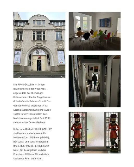 ÖPNV: „Mülheim-Stadtmitte“ NAVI und Parkplatz: „Delle“ oder „CASINO“ EINTRITT: „stets frei, Führungen kostenlos“ MITMACHAKTIONEN: „auf Anfrage in einem der 12 Ateliers“ AKTUELLE AUSSTELLUNG:  „https:KultAppMH.de“