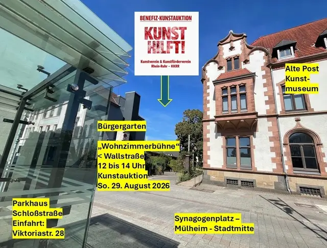 Mit Programm von 12 bis 22 Uhr 12 bis 14 Uhr Versteigerung für den GUTEN ZWECK  Programm: https://www.myheimat.de/muelheim-an-der-ruhr/c-kultur/benefizauktion-des-kkrr-fuer-den-wuenschewagen-das-team-der-villa-artis-zeigt-die-werke-vorab-und-entfacht-sammlerfieber-termin-29-august-2026-von-12-14-uhr-in-muelheim-an-der-ruhr_a3629490